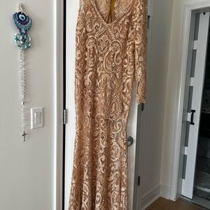 Custom made long lace dress with gold belt.